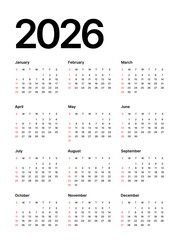 Annual calendar template for 2026 year. Week Starts on Sunday. Business calendar in a minimalist style for 2026 year.
