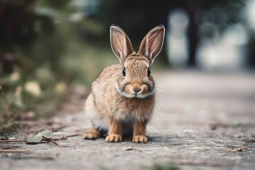 Naklejka na ściany i meble a tiny hare crossing the road. Generative AI