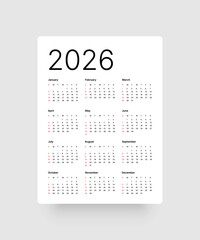 Annual calendar template for 2026 year. Week Starts on Sunday. Business calendar in a minimalist style for 2026 year.