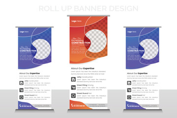 Fototapeta premium Modern roll up banner template for the exhibition, Construction Business stand, editable roll up banner vector template, Vertical roll up, x-stand, exhibition display, Retractable banner stand,