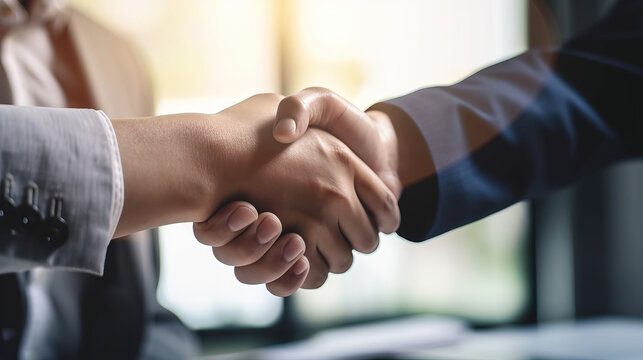 Businessman handshake for teamwork of business merger and acquisition,successful negotiate, two businessman shake hand with partner to celebration partnership and business deal concept. Generative AI