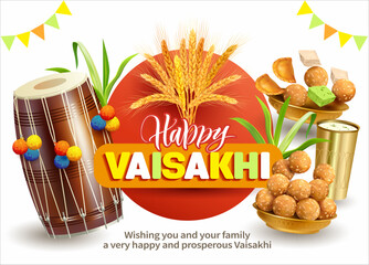 Greeting poster with dhol (drum) and traditional sweets laddu for Punjabi harvest (and New Year) festival Vaisakhi (Baisakhi, Lohri). Vector illustration. 