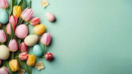 Fototapeta na wymiar Happy Easter card background with tulips and decorative eggs in various colors