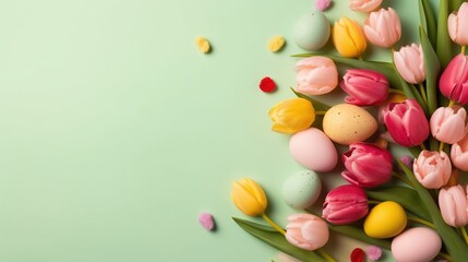 Fototapeta na wymiar Happy Easter background with tulips and decorative eggs