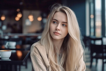 Obraz premium Pretty young blond long hair woman in a cafe. Generative AI