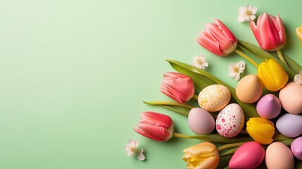 Fototapeta na wymiar Happy easter holiday card background with tulips and decorative eggs in various colors