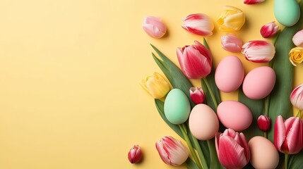 Fototapeta na wymiar Happy easter holiday celebration background with tulips and decorative eggs