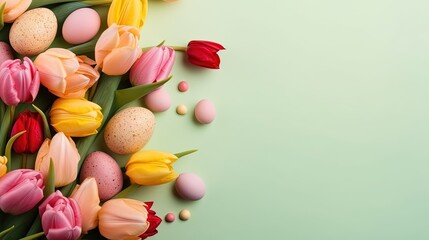 Fototapeta na wymiar Happy easter holiday greeting background with tulips and decorative eggs in various colors