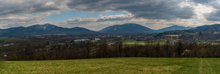 Moravskoslezske Beskydy mountains with highest Lysa hora hill from meadow above Metylovice village...