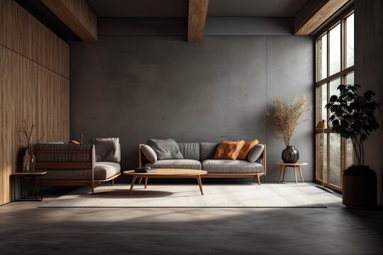 Interior of a living room made of wood, with a concrete floor, big windows, and a plush gray sofa. a vertical poster on a dark background. a mockup. Generative AI