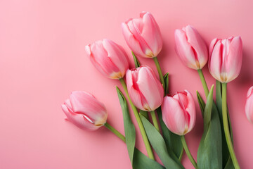 Fototapeta premium beautiful bouquet of spring tulip flowers on a pink background. Generative ai