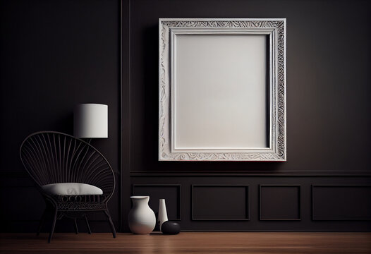 Mockup frame on cabinet in living room interior on empty dark wall background,AI Generated