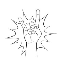 Rock and roll hand sign. Goat gesture in cartoon style. Vector hand drawn illustration with contour.