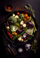 Obraz na płótnie Canvas Vegan charcuterie platter, vegetarian, seasonal, summer eating concept. Top view flat lay background, AI Generated