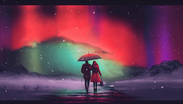 Couple in red coat under an umbrella walking on snow looking at northern light in the sky, digital art style, illustration painting, Generative AI