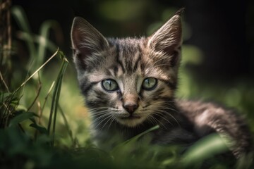 Shallow depth of field portrait of a cute kitten lying on a lawn made of green grass. On a hot day, a cat is hunting on the grass. Generative AI