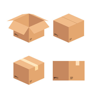 Set of a brown empty cardboard box on isolated white background. Open, close, package carton. Vector illustrator 3D cartoon isometric design concept.