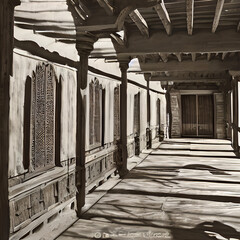 Sepia view of the inner courtyard of a traditional old Arabian adobe house in strong sunlight with shadows from wooden gutters and carved wooden doors and window lattices for ventilation.
