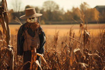 scarecrow in autumn field in daylight - obrazy, fototapety, plakaty