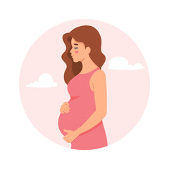 Pregnant woman in circle with clouds. Pregnancy and motherhood. Waiting for baby.Vector illustration in flat style