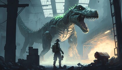 a hunter looked at the captured t-rex in an abandoned lab, digital art style, illustration painting, Generative AI