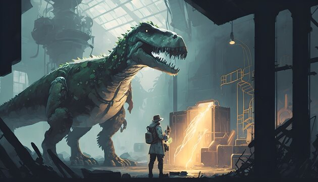 a hunter looked at the captured t-rex in an abandoned lab, digital art style, illustration painting, Generative AI