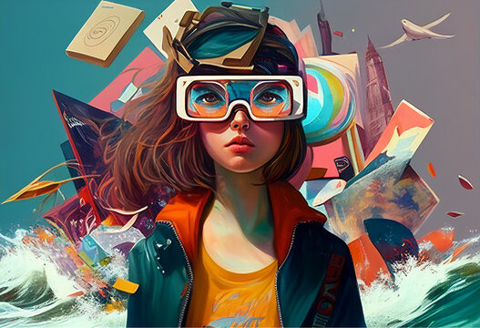 creativity, dreams and imagination - girl wearing tinted imaginary world goggles - metaverse