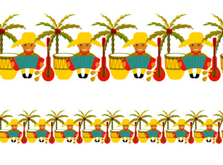 Fototapeta premium Happy Carnival, Colombia, South America Carnival with samba dancers and musicians. Seamless border colombian festival.