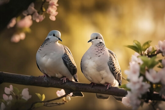 two turtle doves on tree branch with pink flowers