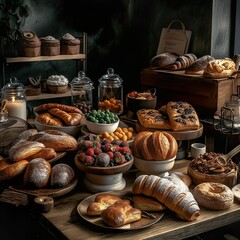 Interior view of a bakery with a wide selection of baked goods, breads, rolls, cakes, pies and much more.