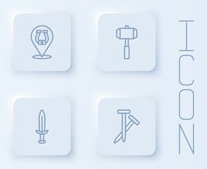 Set line Horseshoe, Sledgehammer, Medieval sword and Metallic nails. White square button. Vector