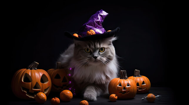 AI generated Beautiful cat in a hat of wizard with pumpkins on a dark background