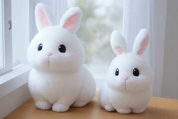 stuffed rabbits in front of a window