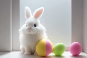 stuffed easter bunny surrounded by colorful eggs