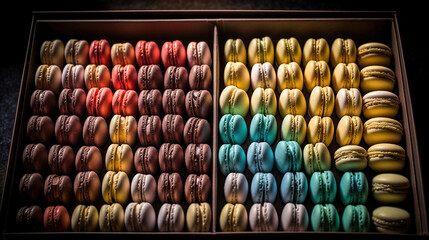 traditional french colorful macarons in a rows in a box. Generative Ai