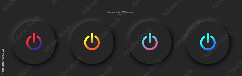 Poster a set of four black round buttons with colored power symbols. user interface elements for mobile dev