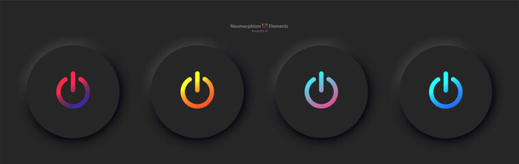 A set of four black round buttons with colored power symbols. User interface elements for mobile devices in the style of neumorphism, UI, UX. Vector EPS 10. - obrazy, fototapety, plakaty