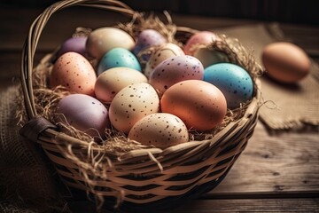 Naklejka na ściany i meble basket filled with pastel-colored Easter eggs on a rustic wooden table. Generative AI