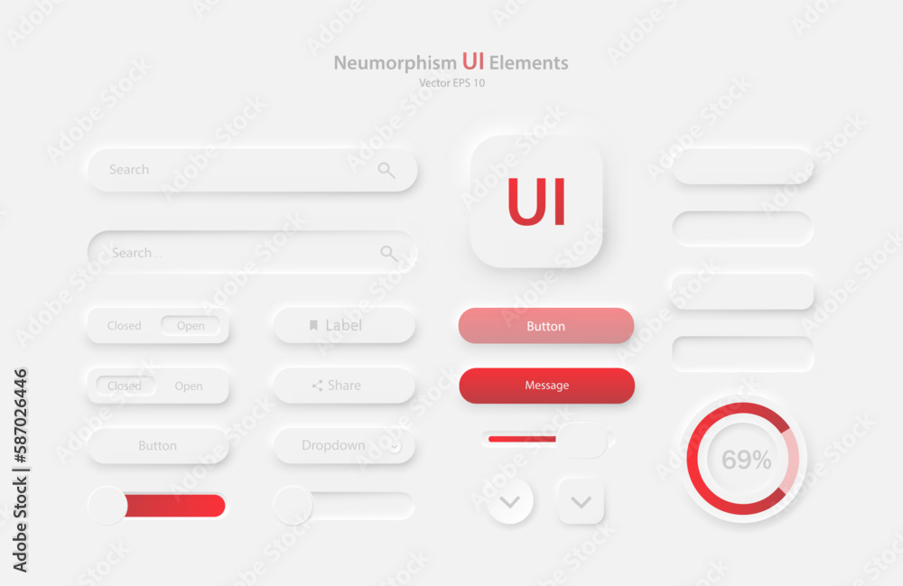 Poster a set of user interface elements for a mobile application in white and red. buttons for mobile devic