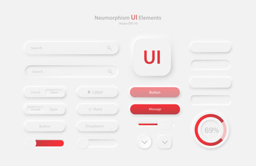 A set of user interface elements for a mobile application in white and red. Buttons for mobile devices in the style of neumorphism, UI, UX. Vector EPS 10.