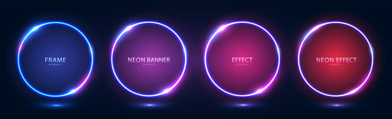 A set of neon frames with shining effects, highlights on a dark background. Round futuristic modern neon glowing banners. Vector illustration.