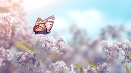 Naklejka premium Dreamy Floral Spring Background with Lilac Flowers and Butterflies on Blue Sky