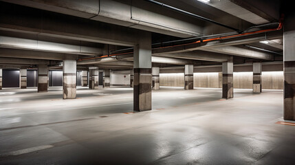 Naklejka premium Empty shopping mall underground parking lot or garage interior with concrete stripe painted columns. Generative Ai