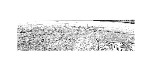 Building view with landmark of Porto Colom is a smallish town in Mallorca. Hand drawn sketch illustration in vector.