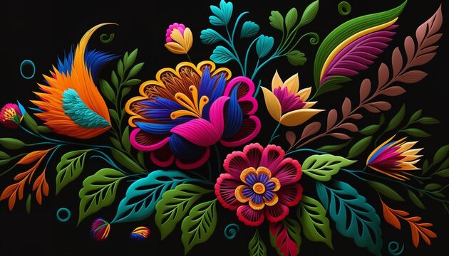Mexican floral design in bright colors on a dark backdrop. Generative Ai.