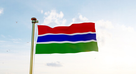Gambia flag. 3D realistic waving flag background. Flag of Gambia flag waving in the wind, sky and sun background. 