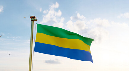 Gabon flag. 3D realistic waving flag background. Flag of Gabon flag waving in the wind, sky and sun background.