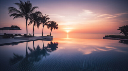 Beautiful poolside and sunset sky with palm trees. Generative Ai