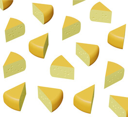 Triangular cheese pieces with holes isolated, 3d rendering. Cheese, dairy products illustration