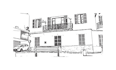 Building view with landmark of Porto Colom is a smallish town in Mallorca. Hand drawn sketch illustration in vector.